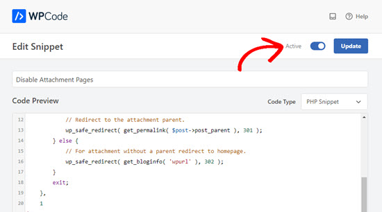 在点击更新之前单击切换以激活 WPCode 中的代码片段