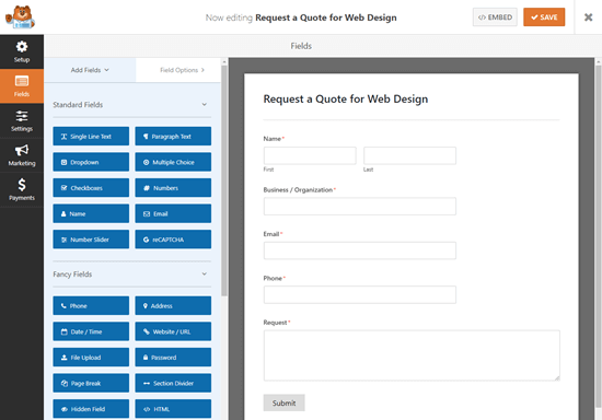 WPForms 表单构建器中的默认请求报价模板