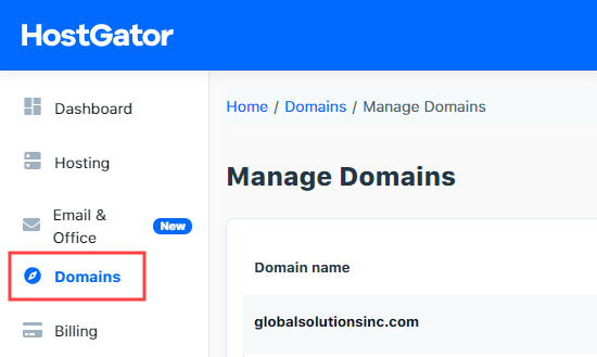 您的 HostGator 帐户中的“域”选项卡