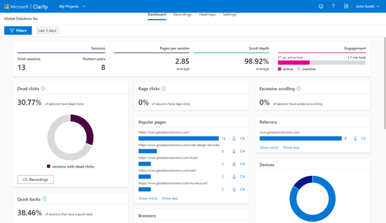 查看 Microsoft Clarity 分析仪表板