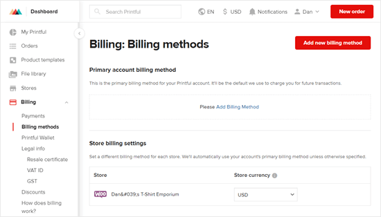 Setting up a billing method in Printful