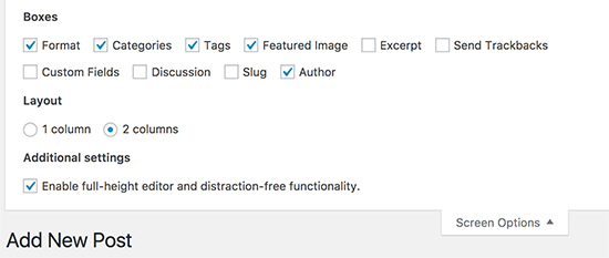 WordPress中帖子编辑屏幕上的屏幕选项设置
