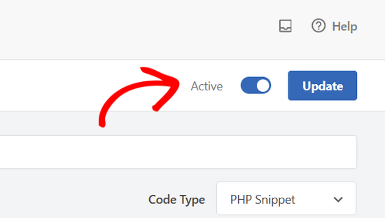 将代码段切换为 Active 并单击 WPCode 中的更新