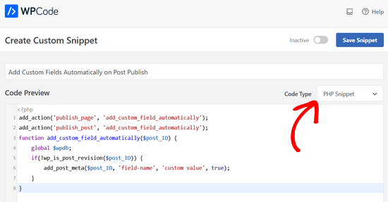 在 WPCode 代码框中粘贴代码段