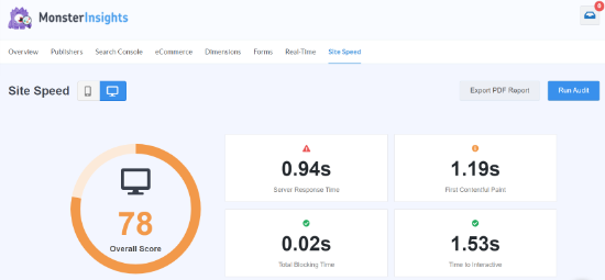 MonsterInsights 中的站点速度报告