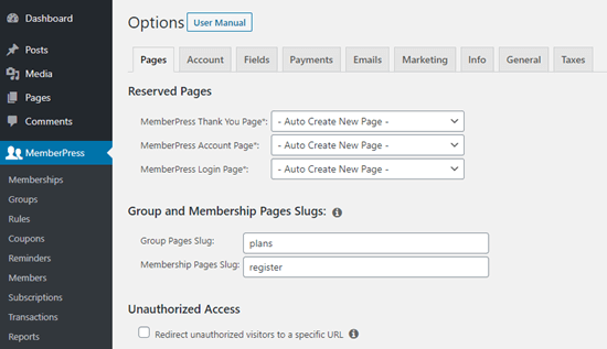 只是 MemberPress 中的一些设置选项