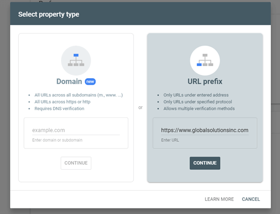 使用 URL 前缀方法将您的网站添加到 Google Search Console