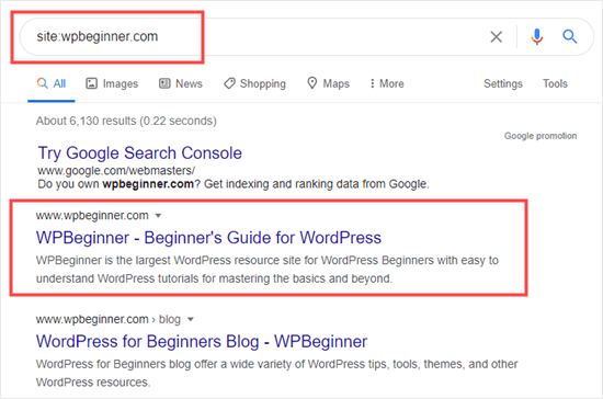 Google 结果显示 WPBeginner 网站已被编入索引