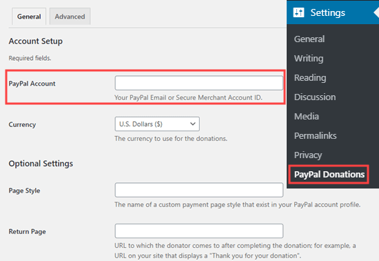 将您的 PayPal 帐户的电子邮件地址添加到 PayPal Donations 插件设置