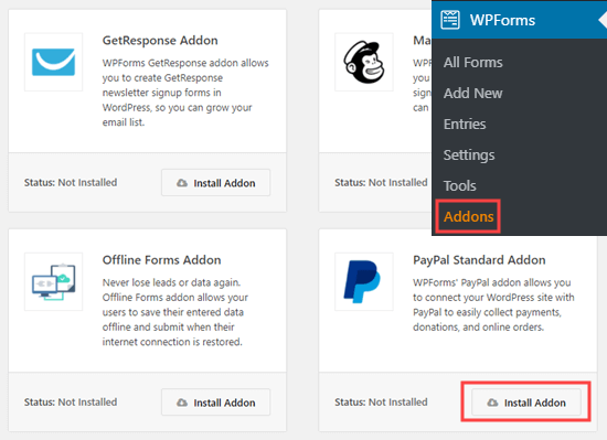 在 WPForms 中安装 PayPal 标准插件