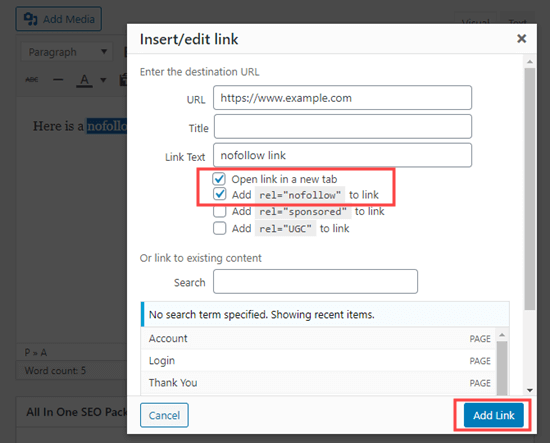 All-in-One SEO 添加的 nofollow 选项，在经典编辑器中