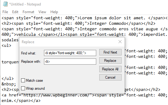 使用记事本快速轻松地更正不需要的 HTML 代码