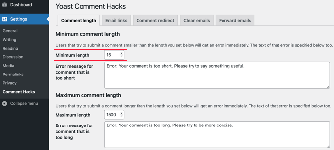 Yoast Comment Hack 插件可以设置允许的最小和最大评论长度