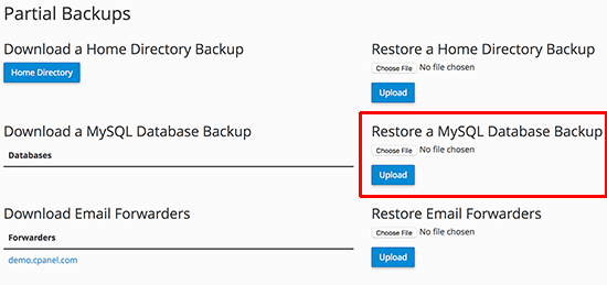 使用 cPanel 恢复数据库