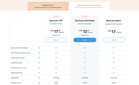 Wix 电子商务和商业计划