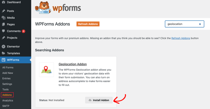 导航到 WPForms » 插件并安装地理位置插件