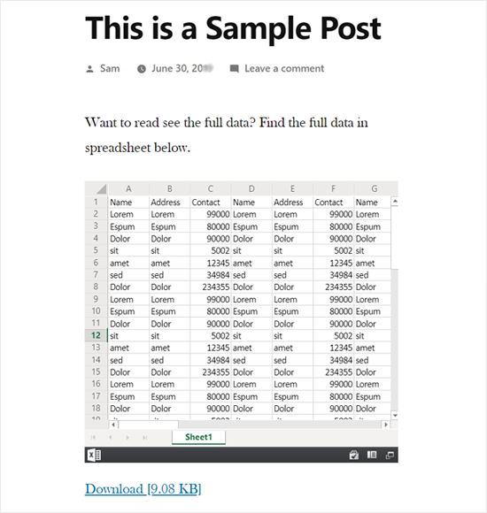 Spreadsheet Embedded in WordPress Preview