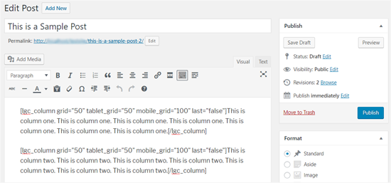 WordPress 中 2 列的简码和内容