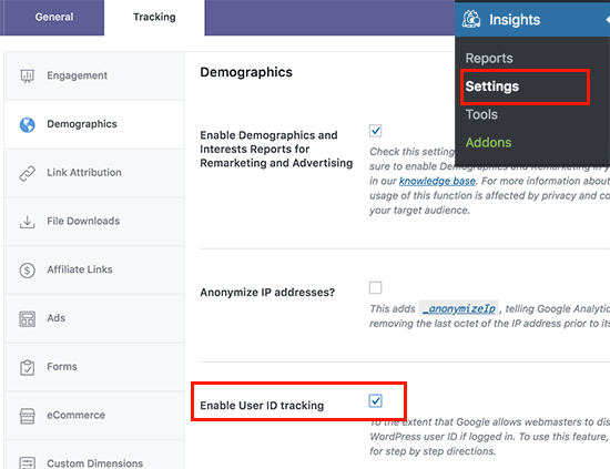 在 MonsterInsights 中启用用户 ID 跟踪