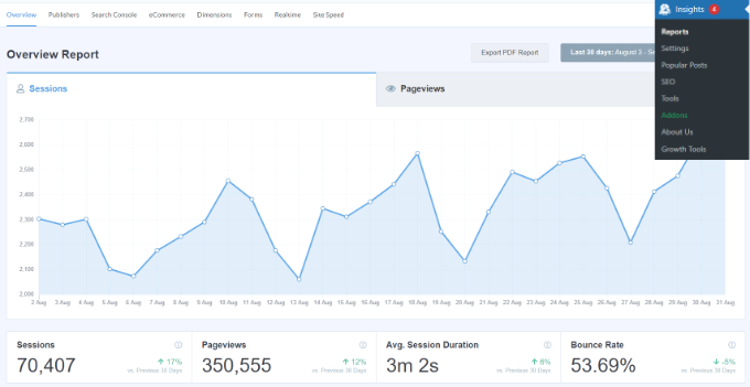 MonsterInsights 中的概览报告