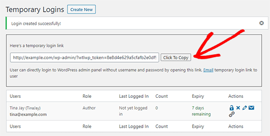 单击以复制临时登录 URL。
