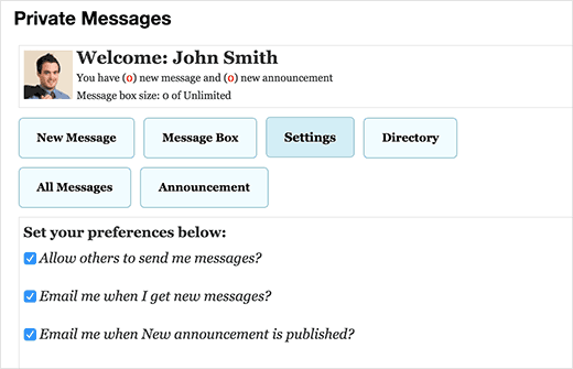 WordPress中私人消息的用户设置